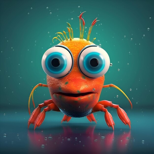 Funny cartoon crab with eyes and mouth on a green background