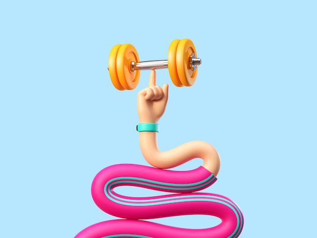 Photo funny cartoon flexible hand with a dumbbell clip art isolated on blue background