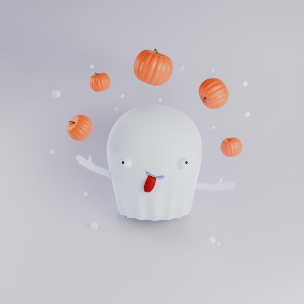 Funny cartoon ghost juggles several pumpkins, Halloween concept, 3D illustration, render.