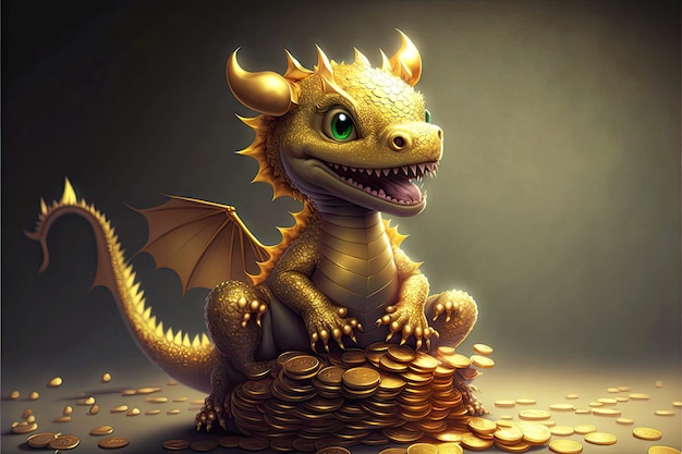 Funny cartoon image of cute little dragon sitting on pile of gold generative ai