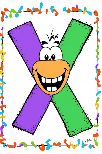 Photo funny cartoon letter x with colorful border