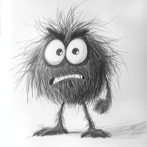 Photo funny cartoon monster with big eyes black and white illustration