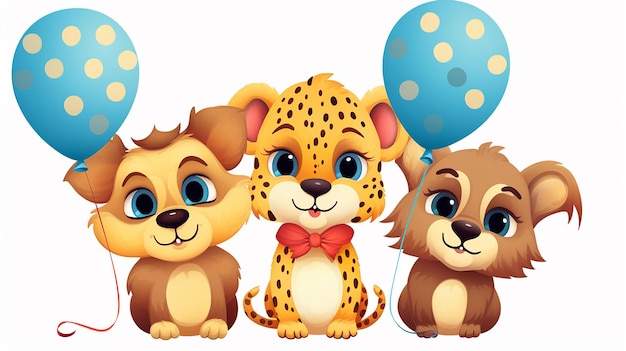 Funny cartoon party cheetah with air balloons isolated illustration