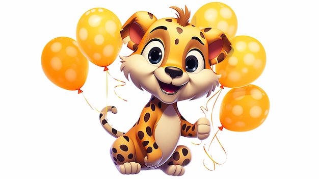 Funny cartoon party cheetah with air balloons isolated illustration