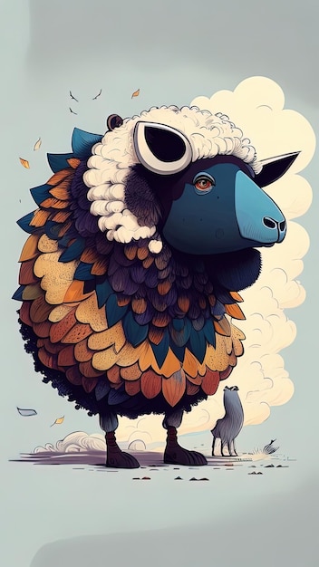 Funny cartoon sheep with sad eyes Vector illustration