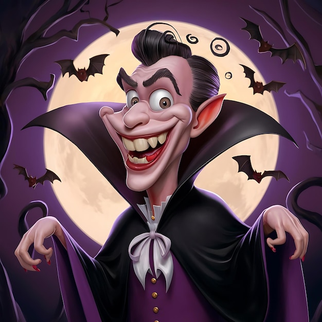 Photo funny cartoon style image of the grinning vampire under the moon