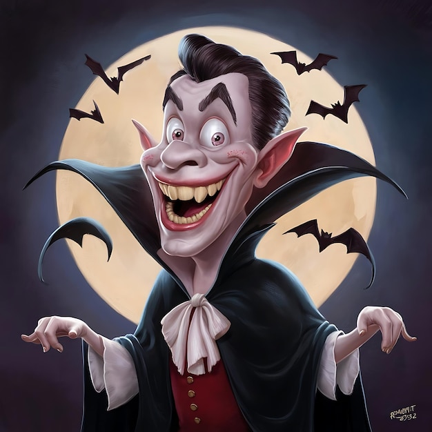 Photo funny cartoon style image of the grinning vampire under the moon