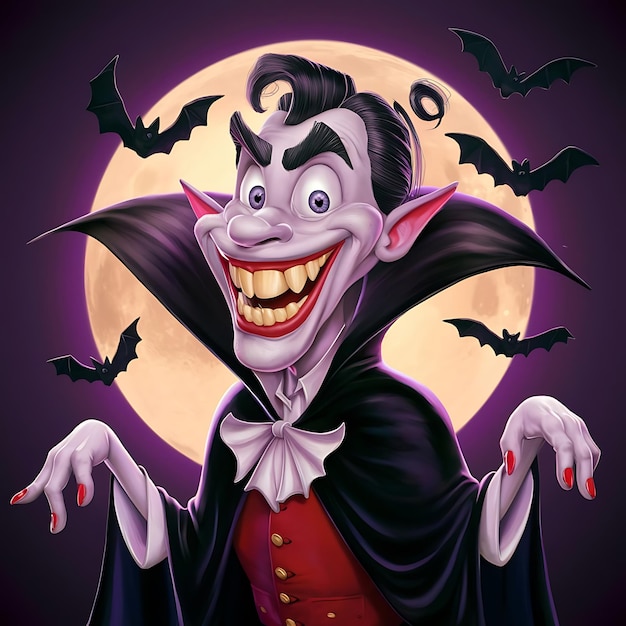 Funny Cartoon Style Image of The Grinning Vampire Under the Moon