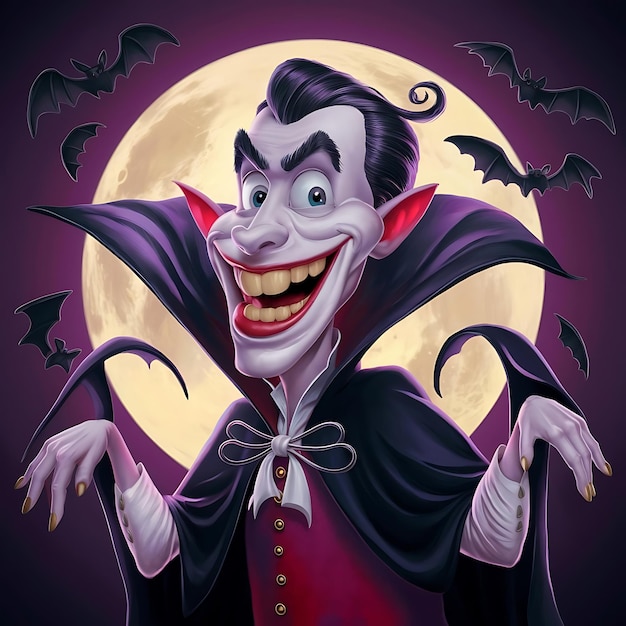 Funny Cartoon Style Image of The Grinning Vampire Under the Moon