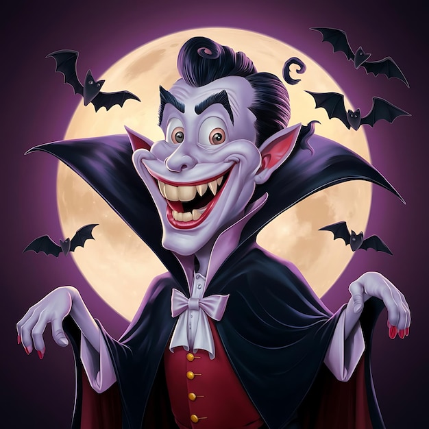 Funny Cartoon Style Image of The Grinning Vampire Under the Moon