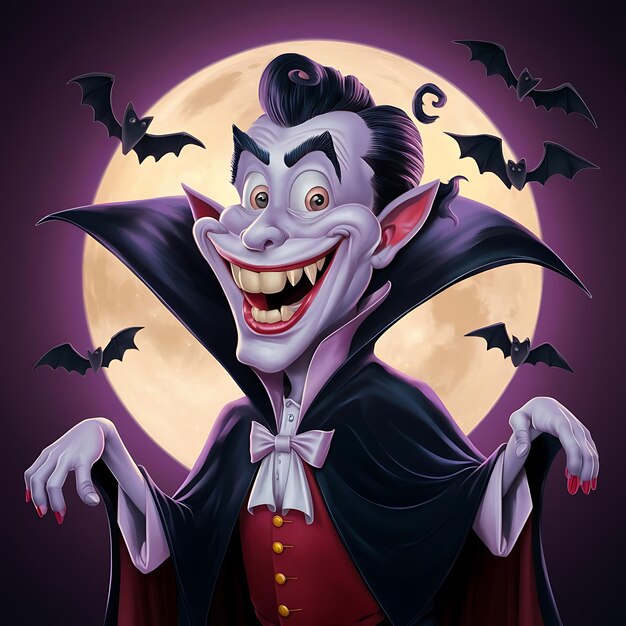 Photo funny cartoon style image of the grinning vampire under the moon