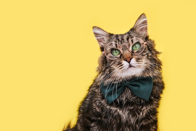 Funny cat in bow tie and glasses sitting on yellow background