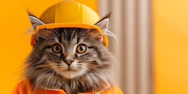 Funny cat in builder outfit with yellow background space for text Concept Funny Cats Builders Yellow Background Space for Text Humor