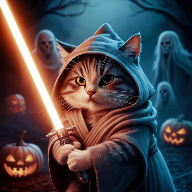 Funny cat in clothes and with a glowing sword Halloween background cute pet for background