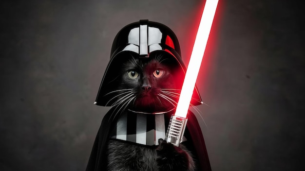 Funny cat in Dark Lord clothes and with a red lightsaber cute pet for background poster print