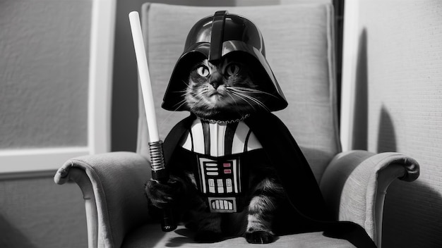 Funny cat in Dark Lord clothes and with a red lightsaber cute pet for background poster print