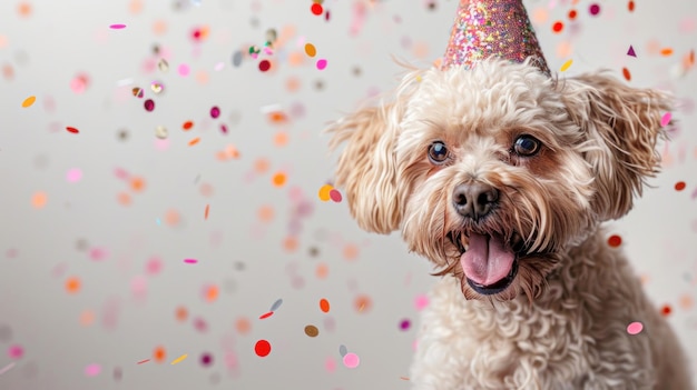 Photo funny cat in a festive hat among confetti celebrates his birthday