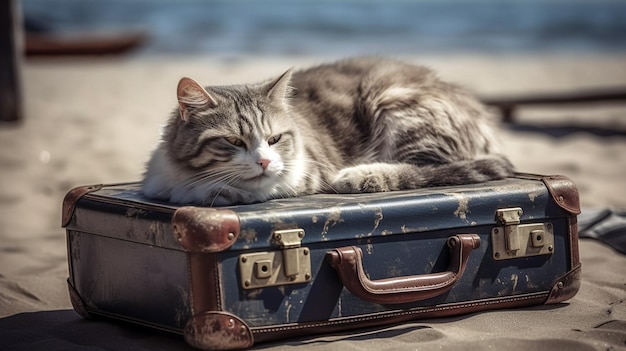 Funny cat going on beach vacation cat relaxing on vintage suitcase on the beach Generative AI