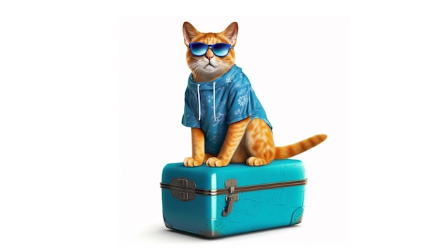 Funny cat going on vacation Funny cat in a blue sweatshirt and sunglasses generative ai