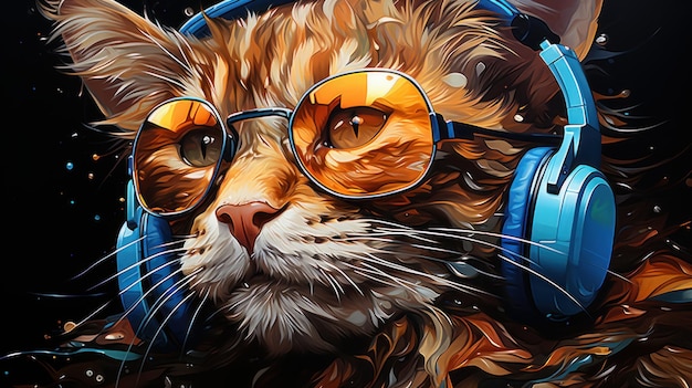 funny cat in headphones is drawn with multicolored paints