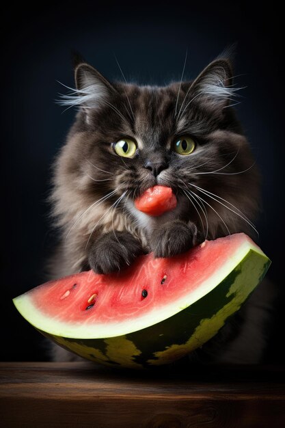 Funny cat holding a slice of watermelon