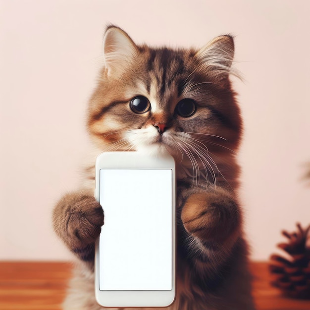 Funny cat holds a smartphone in its paw and shows a mockup white display ai generative