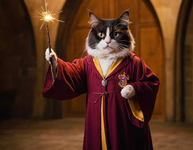 Funny cat in HP robe and with a magic wand cute pet for background poster print design card banner