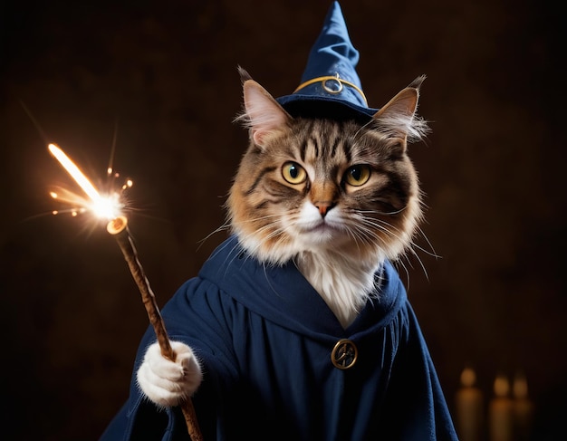 Funny cat in HP robe and with a magic wand cute pet for background poster print design card banner