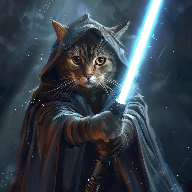 Funny cat in Jedi clothes and with a lightsaber cartoon style cute pet for background poster print