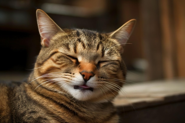 Funny cat laughing Happy and kind relaxed kitten face with happy satisfied smile Generated AI