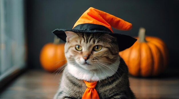 Photo funny cat in orange hat posing with pumpkins feline dressed in a halloween costume concept of holiday celebration pet dressing seasonal festivity and whimsical animal attire