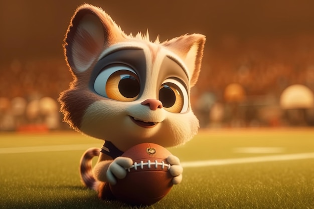 Funny cat playing American football receiving the ball for a touchdown cartoon illustration generative ai