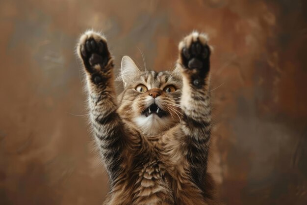 Funny cat playing raising his paws making a funny face with open mouth on a brown background