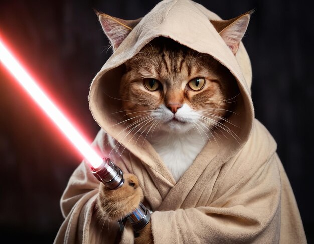 Funny cat in robe clothes and with a glowing sword cute pet for background