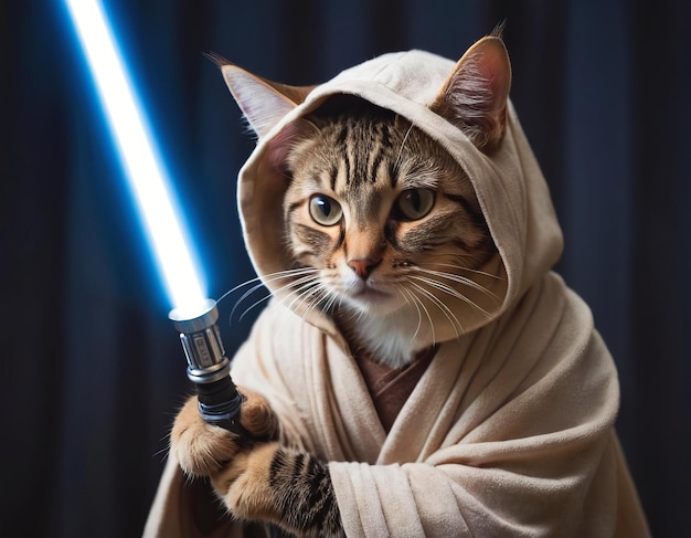 Funny cat in a robe with a glowing sword cute pet for the background