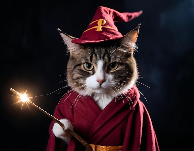 Funny cat in robe and with a magic wand cute pet for background poster print design card