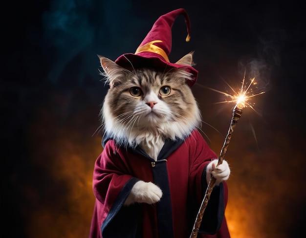 Funny cat in robe and with a magic wand cute pet for background poster print design card