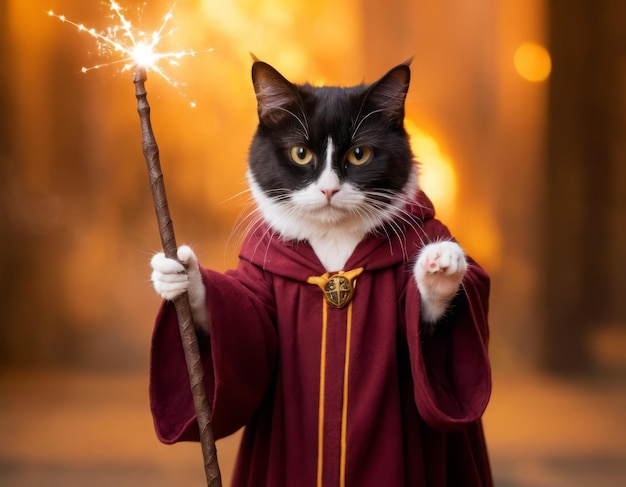 Funny cat in robe and with a magic wand cute pet for background poster print design card