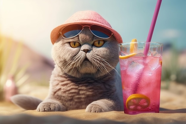 Funny cat scottish fold in pink hat on the beach