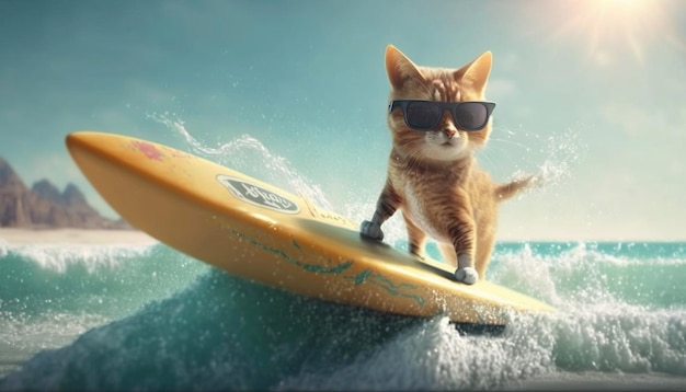 Funny cat in sunglasses rides a surfboard on the ocean waves Summer vacation concept Ai generative