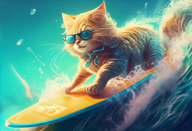 Funny cat in sunglasses rides a surfboard on the ocean waves Summer vacation concept Generate Ai