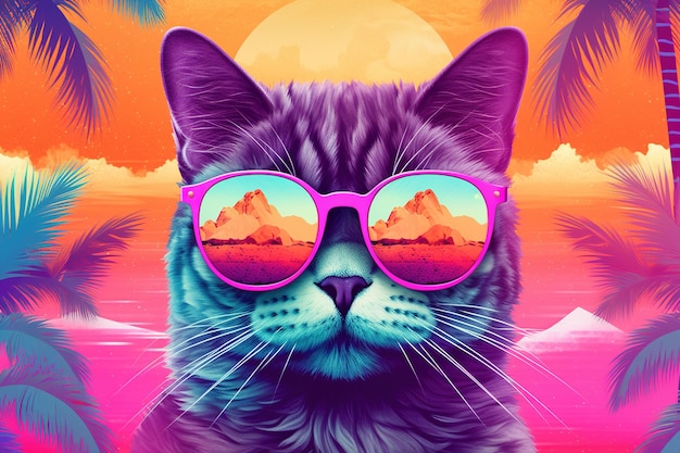 Funny cat in sunglasses on tropical beach portrait of pet on vacation illustration generative AI