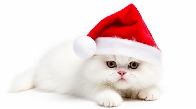 Funny cat wearing in red Santa hat isolated on white background