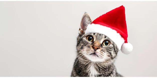 Funny cat wearing in red Santa hat