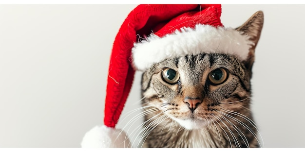 Funny cat wearing in red Santa hat