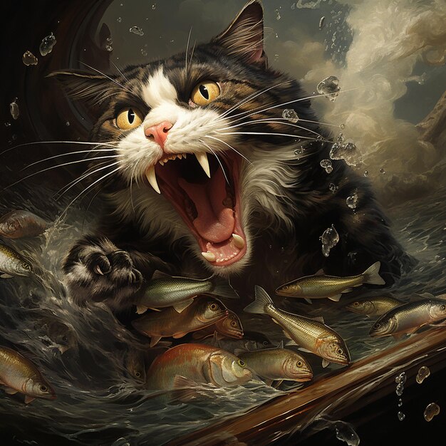 Funny cat with a big fish in his mouth Illustration generated ai