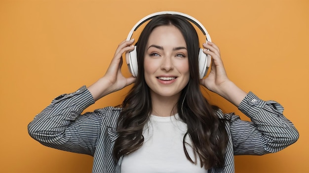 Funny caucasian woman listening music with kissing face expression