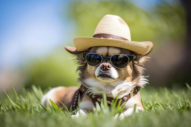 Funny chihuahua dog pet in a hat and sunglasses resting in the park Generative AI