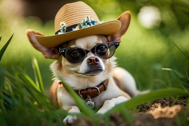 Funny chihuahua dog pet in a hat and sunglasses resting in the park Generative AI