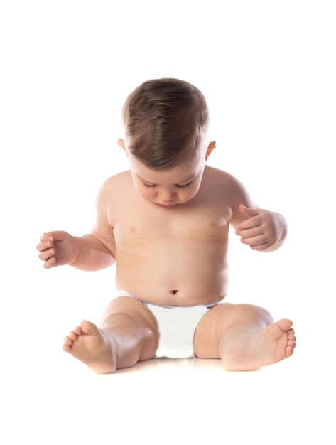 Funny child baby boy toddler naked in diaper isolated on a white background